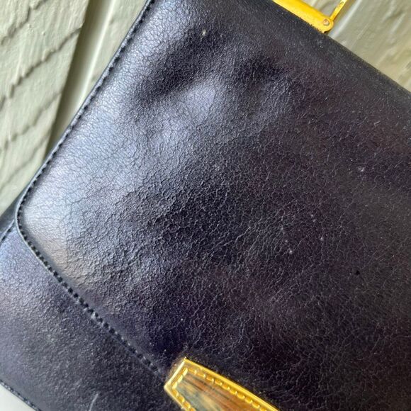 VTG 50s 60s Korent Navy Genuine Leather Top Handle Bag Gold Hardware Red Lining - Picture 8 of 14